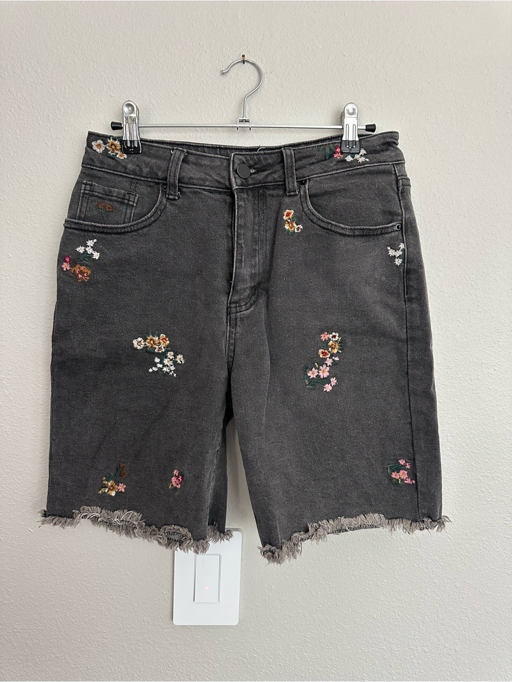 Women’s Embroidered Floral Black Denim Shorts